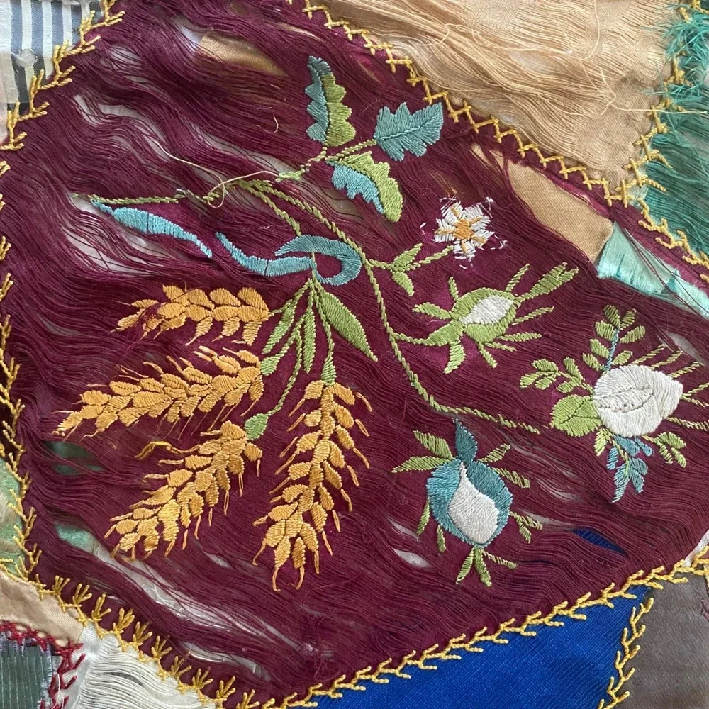 Antique Victorian Crazy Quilt Hand Embroidered Silk Velvet Patchwork Red Damaged